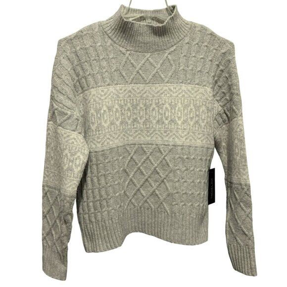 Rachel Zoe Cable Knit Fair Isle Ski Sweater LS Preppy Gray White Mock Neck Sz M - Picture 1 of 6